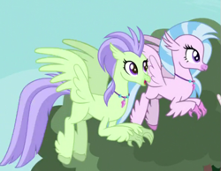 Size: 589x458 | Tagged: safe, screencap, character:laguna, character:silverstream, species:classical hippogriff, species:hippogriff, episode:between dark and dawn, g4, my little pony: friendship is magic, background hippogriff, cropped, duo, female, flying