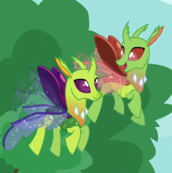 Size: 498x499 | Tagged: safe, screencap, species:changeling, species:reformed changeling, episode:between dark and dawn, g4, my little pony: friendship is magic, background changeling, cropped, duo, flying, unnamed character
