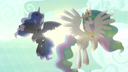 Size: 1920x1080 | Tagged: safe, screencap, character:princess celestia, character:princess luna, species:pony, episode:between dark and dawn, g4, my little pony: friendship is magic, flying, sun