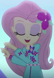 Size: 710x1018 | Tagged: safe, screencap, character:fluttershy, episode:the last drop, g4, my little pony:equestria girls, clothing, cropped, cute, dress, eyes closed, female, flower, geode of fauna, hairclip, jewelry, long sleeves, magical geodes, open mouth, outdoors, rose, shyabetes, smiling, solo, the last drop: fluttershy, waistband, wristband