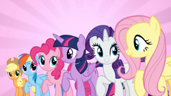 Size: 2560x1440 | Tagged: safe, screencap, character:applejack, character:fluttershy, character:pinkie pie, character:rainbow dash, character:rarity, character:twilight sparkle, character:twilight sparkle (alicorn), species:alicorn, species:pony, episode:fame and misfortune, g4, my little pony: friendship is magic, female, flawless, looking at each other, mane six, mare, raised hoof, smiling, we're not flawless