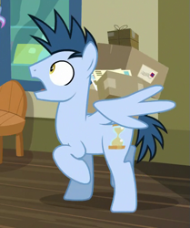 Size: 423x505 | Tagged: safe, screencap, species:pegasus, species:pony, episode:between dark and dawn, g4, my little pony: friendship is magic, alternate hairstyle, background pony, cropped, mail, male, package, post office, raised hoof, stallion, surprised, time flies