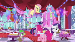 Size: 1920x1080 | Tagged: safe, screencap, character:fluttershy, character:pinkie pie, character:rarity, character:spike, character:twilight sparkle, character:twilight sparkle (alicorn), species:alicorn, species:dragon, species:earth pony, species:pegasus, species:pony, species:unicorn, episode:between dark and dawn, g4, my little pony: friendship is magic, balloon, blowing up balloons, canterlot, clipboard, confetti, cupcake, female, food, fountain, male, mare, party, ribbon, scenery, statue, streamers