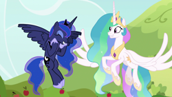 Size: 1920x1080 | Tagged: safe, screencap, character:princess celestia, character:princess luna, species:pony, episode:between dark and dawn, g4, my little pony: friendship is magic, apple tree, crown, cute, duo, ethereal mane, eyeliner, eyes closed, female, flapping, flowing mane, flying, happy, jewelry, makeup, mare, regalia, royal sisters, siblings, sisters, spread wings, sweet apple acres, tree, wings