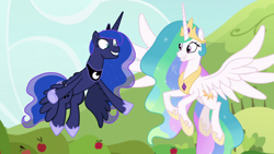 Size: 1920x1080 | Tagged: safe, screencap, character:princess celestia, character:princess luna, species:alicorn, species:pony, episode:between dark and dawn, g4, my little pony: friendship is magic, duo, ethereal mane, female, galaxy mane, grin, hoof shoes, mare, peytral, royal sisters, siblings, sisters, smiling, spread wings, wings