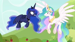 Size: 1920x1080 | Tagged: safe, screencap, character:princess celestia, character:princess luna, species:pony, episode:between dark and dawn, g4, my little pony: friendship is magic, flying, grin, happy, looking at each other, smiling