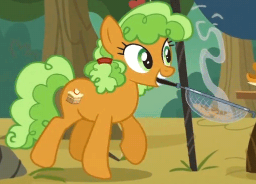 Size: 511x367 | Tagged: safe, screencap, character:apple brown betty, species:pony, animated, apple family member, cute, female, food, mare, mouth hold, solo
