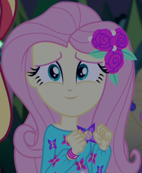 Size: 581x707 | Tagged: safe, screencap, character:fluttershy, character:sunset shimmer, episode:the last drop, g4, my little pony:equestria girls, cropped, cute, geode of fauna, magical geodes, offscreen character, shyabetes, the last drop: fluttershy