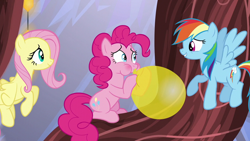 Size: 640x360 | Tagged: safe, screencap, character:fluttershy, character:pinkie pie, character:rainbow dash, species:earth pony, species:pegasus, species:pony, episode:the one where pinkie pie knows, g4, my little pony: friendship is magic, balloon, blowing up balloons, chandelier, female, hyperventilating, mare, puffy cheeks, smiling, trio