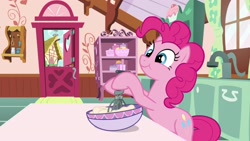 Size: 1920x1080 | Tagged: safe, screencap, character:pinkie pie, species:pony, episode:between dark and dawn, g4, my little pony: friendship is magic, bowl, cute, diapinkes, solo, whisk
