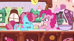 Size: 1920x1080 | Tagged: safe, screencap, character:cup cake, character:pinkie pie, species:earth pony, species:pony, episode:between dark and dawn, g4, my little pony: friendship is magic, baking, bowl, cutie mark, ear piercing, employee, eyes closed, facehoof, female, frown, frustrated, kitchen, lidded eyes, mare, piercing, smiling, talking