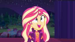 Size: 1914x1080 | Tagged: safe, screencap, character:cheerilee, character:fluttershy, character:frosty orange, character:sunset shimmer, episode:the last drop, g4, my little pony:equestria girls, background human, cute, female, happy, night, night sky, open mouth, outdoors, shimmerbetes, sky, smiling, the last drop: sunset shimmer