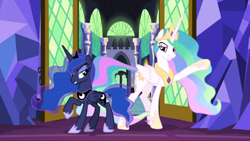 Size: 1576x888 | Tagged: safe, screencap, character:princess celestia, character:princess luna, species:alicorn, species:pony, episode:between dark and dawn, g4, my little pony: friendship is magic, crown, dramatic, dramatic entrance, dramatic pose, duo, ethereal mane, eyeshadow, female, flowing mane, flowing tail, folded wings, hoof shoes, jewelry, lidded eyes, makeup, mare, multicolored hair, raised eyebrow, raised hoof, regalia, royal sisters, show off, siblings, sisters, smiling, smirk, smuglestia, smugluna, twilight's castle