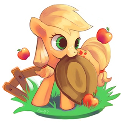 Size: 340x340 | Tagged: safe, artist:amy30535, edit, character:applejack, species:earth pony, species:pony, apple, applejack's hat, clothing, cowboy hat, cute, cutie mark, female, fence, filly, filly applejack, food, freckles, grass, hat, jackabetes, mouth hold, obligatory apple, simple background, solo, weapons-grade cute, white background, younger