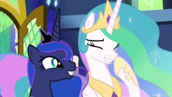 Size: 1920x1080 | Tagged: safe, screencap, character:princess celestia, character:princess luna, species:alicorn, species:pony, episode:between dark and dawn, g4, my little pony: friendship is magic, cute, cutelestia, duo, female, laughingmares.jpg, lunabetes, mare, smiling, twilight's castle