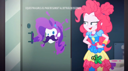 Size: 926x520 | Tagged: safe, screencap, character:pinkie pie, character:rarity, equestria girls:sunset's backstage pass, g4, my little pony:equestria girls, art, backstage pass, bathroom, discovery kids, facial hair, logo, moustache, music festival outfit, spanish, watermark