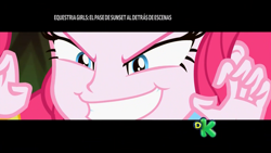 Size: 1920x1080 | Tagged: safe, screencap, character:pinkie pie, equestria girls:sunset's backstage pass, g4, my little pony:equestria girls, discovery kids, evil grin, grin, letterboxing, rapeface, smiling, solo, spanish