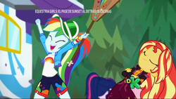 Size: 1920x1080 | Tagged: safe, screencap, character:applejack, character:fluttershy, character:rainbow dash, character:sunset shimmer, character:twilight sparkle, character:twilight sparkle (scitwi), species:eqg human, equestria girls:sunset's backstage pass, g4, my little pony:equestria girls, backstage pass, discovery kids, happy, logo, music festival outfit, paddle, rv, smiling, spanish, watermark