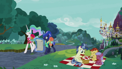 Size: 1920x1080 | Tagged: safe, screencap, character:bon bon, character:lemon crumble, character:princess celestia, character:princess luna, character:sweetie drops, species:pony, episode:between dark and dawn, g4, my little pony: friendship is magic, candy wave, canterlot, canterlot castle, colt, female, foal, friendship student, gooseberry, male, map, picnic blanket, scenery, tree