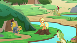 Size: 1280x720 | Tagged: safe, screencap, character:applejack, character:spring glow, character:winter flame, species:earth pony, species:kirin, species:pony, episode:sounds of silence, g4, my little pony: friendship is magic, background kirin, green grove