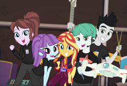 Size: 1065x720 | Tagged: safe, screencap, character:sunset shimmer, episode:how to backstage, g4, my little pony:equestria girls, backstage pass, chase reverb, coffee rush, drone, drumsticks, female, male, microphone, photo, selfie drone, smiling