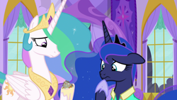 Size: 1920x1080 | Tagged: safe, screencap, character:princess celestia, character:princess luna, species:alicorn, species:pony, episode:between dark and dawn, g4, my little pony: friendship is magic, celestia's bedroom, clothing, crown, duo, ethereal mane, eyeshadow, female, floppy ears, flowing mane, folded wings, frown, galaxy mane, hawaiian shirt, hoof shoes, jewelry, makeup, mare, multicolored hair, peytral, raised hoof, regalia, royal sisters, siblings, sisters, snacks