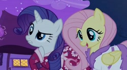 Size: 640x356 | Tagged: safe, screencap, character:fluttershy, character:rarity, species:pegasus, species:pony, species:unicorn, episode:read it and weep, g4, my little pony: friendship is magic, bathrobe, clothing, female, kimono (clothing), mare, night, robe