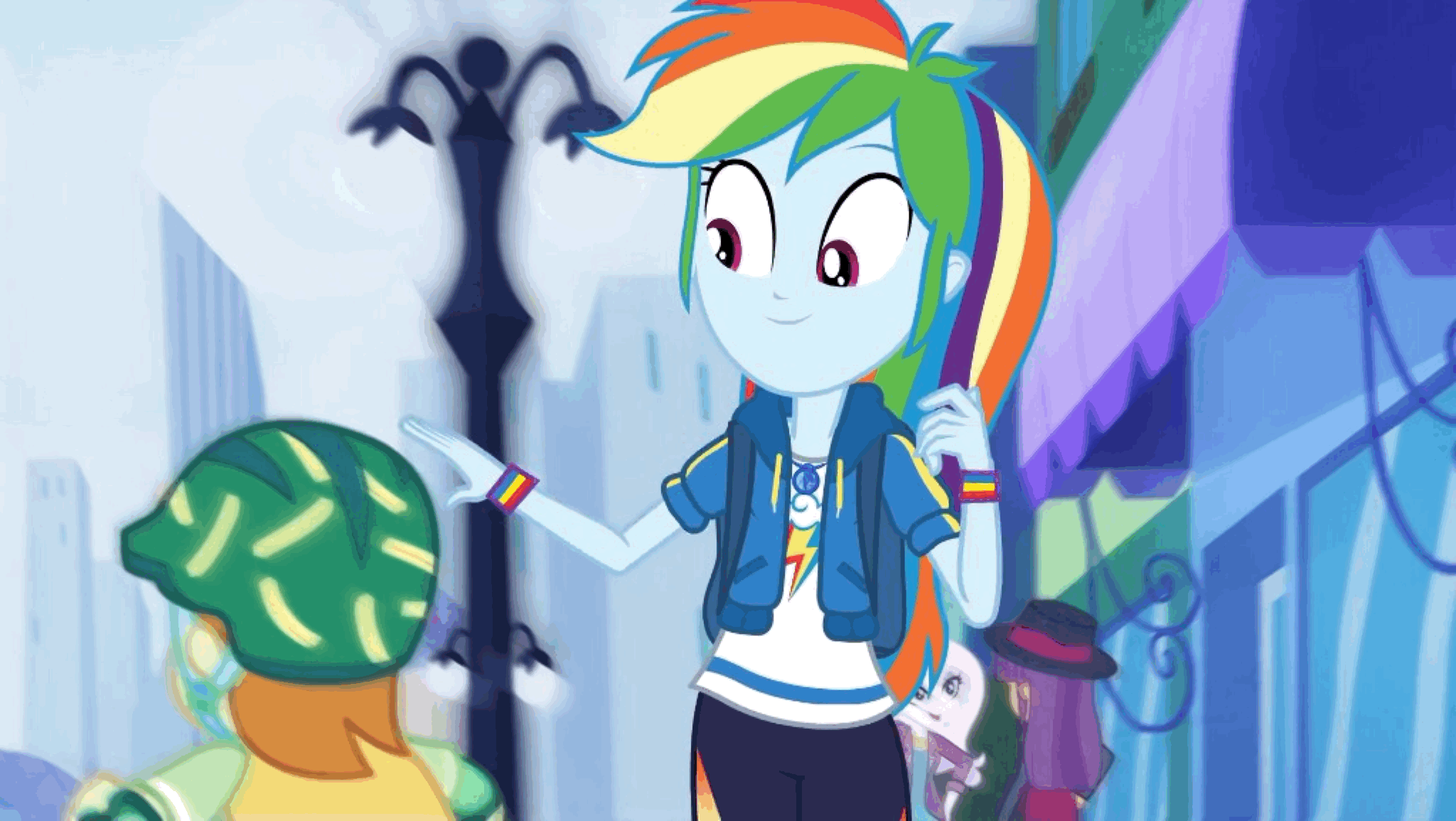 Size: 2048x1155 | Tagged: safe, screencap, character:fleur-de-lis, character:ginger owlseye, character:rainbow dash, episode:run to break free, g4, my little pony:equestria girls, adorasexy, animated, canterlot city, cute, dashabetes, gallop j. fry, gif, high quality, sexy, singing, stroking, walking