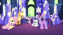 Size: 1280x720 | Tagged: safe, screencap, character:applejack, character:fluttershy, character:rarity, character:spike, character:twilight sparkle, character:twilight sparkle (alicorn), species:alicorn, species:dragon, species:pony, species:unicorn, episode:the last laugh, g4, my little pony: friendship is magic, leak, applejack's hat, clothing, cowboy hat, female, hat, male, winged spike
