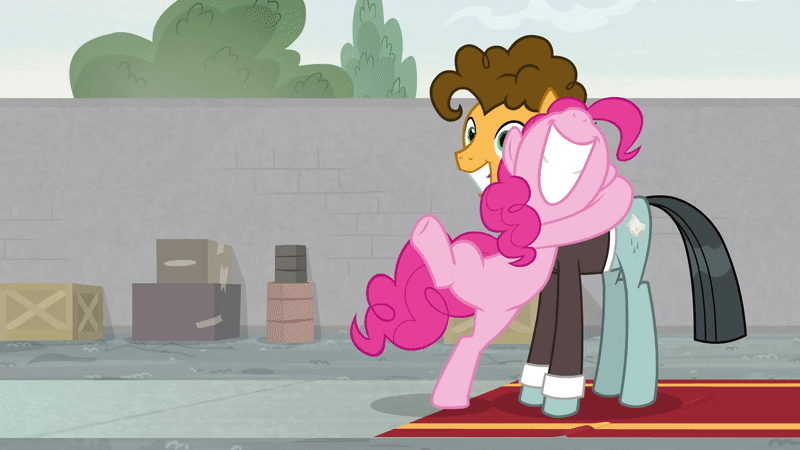 Size: 800x450 | Tagged: safe, screencap, character:pinkie pie, character:sans smirk, species:earth pony, species:pony, episode:the last laugh, g4, my little pony: friendship is magic, animated, clothing, cute, diapinkes, duo, female, gif, implied cheese sandwich, male, mare, mask, stallion, suit