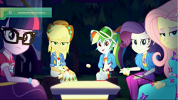 Size: 1281x720 | Tagged: safe, screencap, character:applejack, character:fluttershy, character:rainbow dash, character:rarity, character:twilight sparkle, character:twilight sparkle (scitwi), species:eqg human, equestria girls:sunset's backstage pass, g4, my little pony:equestria girls, clothing, cowboy hat, female, food, glasses, hat, looking at you, marshmallow, spanish, spanish text, watermark