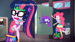 Size: 1366x768 | Tagged: safe, screencap, character:pinkie pie, character:rarity, character:twilight sparkle, character:twilight sparkle (scitwi), species:eqg human, equestria girls:sunset's backstage pass, g4, my little pony:equestria girls, bathroom, facial hair, geode of telekinesis, graffiti, magical geodes, messy, moustache, paint, pointing, shoes, shrunken pupils, sneakers, toilet