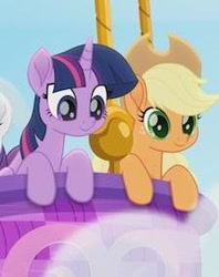 Size: 225x284 | Tagged: safe, screencap, character:applejack, character:rarity, character:twilight sparkle, character:twilight sparkle (alicorn), species:alicorn, species:earth pony, species:pony, species:unicorn, friendship is magic: rainbow roadtrip, g4, my little pony: friendship is magic, cropped, cute, duo, female, hot air balloon, jackabetes, looking down, mare, picture for breezies, smiling, twiabetes