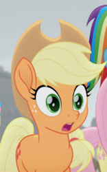 Size: 224x360 | Tagged: safe, screencap, character:applejack, character:fluttershy, character:rainbow dash, species:earth pony, species:pegasus, species:pony, friendship is magic: rainbow roadtrip, g4, my little pony: friendship is magic, applejack's hat, clothing, cowboy hat, cropped, female, hat, hope hollow, mare, offscreen character, open mouth, reaction image, shocked, solo focus