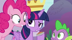 Size: 1920x1080 | Tagged: safe, screencap, character:pinkie pie, character:spike, character:twilight sparkle, character:twilight sparkle (alicorn), species:alicorn, species:pony, episode:between dark and dawn, g4, my little pony: friendship is magic, amulet, jewelry
