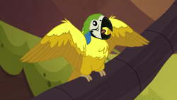 Size: 1920x1080 | Tagged: safe, screencap, species:bird, species:parrot, equestria girls:spring breakdown, g4, my little pony:equestria girls, animal, blue-and-yellow macaw, macaw, open beak, open mouth, spread wings, wings