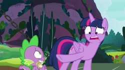 Size: 1920x1080 | Tagged: safe, screencap, character:spike, character:twilight sparkle, character:twilight sparkle (alicorn), species:alicorn, species:dragon, species:pony, episode:between dark and dawn, g4, my little pony: friendship is magic, mountain, scroll, winged spike