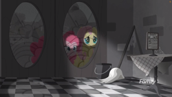 Size: 1699x956 | Tagged: safe, screencap, character:fluttershy, character:pinkie pie, species:earth pony, species:pegasus, species:pony, friendship is magic: rainbow roadtrip, g4, my little pony: friendship is magic, bucket, discovery family logo, door, duo, female, hope hollow, mare, mop, table, tablecloth, window