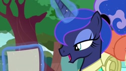 Size: 1920x1080 | Tagged: safe, screencap, character:princess luna, species:alicorn, species:pony, episode:between dark and dawn, g4, my little pony: friendship is magic, alternate hairstyle, bags, beautiful, clothing, eyeshadow, female, glowing horn, hair bun, hawaiian shirt, horn, lidded eyes, luggage, magic, magic aura, makeup, mare, open mouth, schedule, scroll, shirt, solo, talking