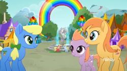 Size: 1920x1080 | Tagged: safe, screencap, species:earth pony, species:pegasus, species:pony, species:unicorn, friendship is magic: rainbow roadtrip, g4, my little pony: friendship is magic, background pony, discovery family logo, female, filly, hope hollow, mare, statue, thistle rain, unnamed pony
