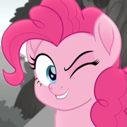 Size: 615x615 | Tagged: safe, screencap, character:pinkie pie, species:earth pony, species:pony, friendship is magic: rainbow roadtrip, g4, my little pony: friendship is magic, cropped, female, looking at you, mare, one eye closed, smiling, solo, wink