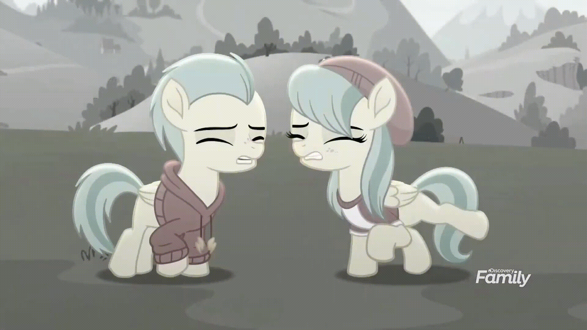 Size: 1920x1080 | Tagged: safe, screencap, character:barley barrel, character:pickle barrel, character:rainbow dash, species:pegasus, species:pony, friendship is magic: rainbow roadtrip, g4, my little pony: friendship is magic, animated, barrel twins, female, gif, male, siblings, twins