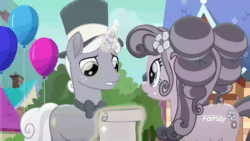 Size: 1920x1080 | Tagged: safe, screencap, character:petunia petals, character:sunny skies, character:torque wrench, species:earth pony, species:pony, species:unicorn, ship:petuniasky, friendship is magic: rainbow roadtrip, g4, my little pony: friendship is magic, animated, clothing, female, hat, male, mare, marriage proposal, shipping, sound, stallion, straight, top hat, webm