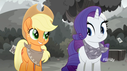 Size: 1920x1080 | Tagged: safe, screencap, character:applejack, character:rarity, species:pony, friendship is magic: rainbow roadtrip, g4, my little pony: friendship is magic, clothing, cute, discovery family logo, jackabetes, looking at each other, neckerchief, raribetes, scarf, smiling