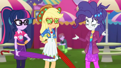 Size: 1920x1080 | Tagged: safe, screencap, character:applejack, character:rarity, character:twilight sparkle, character:twilight sparkle (scitwi), species:eqg human, episode:inclement leather, g4, my little pony:equestria girls, applejack's sunglasses, background human, duke suave, female, glasses, inclement leather: vignette valencia, makeup, male, mascara, mascarity, messy hair, ponytail, running makeup, umbrella