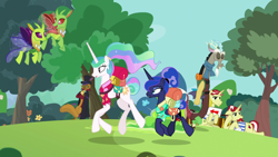Size: 1920x1080 | Tagged: safe, screencap, character:capper dapperpaws, character:discord, character:flam, character:flim, character:princess celestia, character:princess luna, character:smooze, species:abyssinian, species:alicorn, species:anthro, species:changeling, species:digitigrade anthro, species:draconequus, species:pony, species:reformed changeling, species:unicorn, episode:between dark and dawn, g4, my little pony: friendship is magic, anthro with ponies, female, flim flam brothers, lotta little things, male, mare, royal sisters, stallion, tree