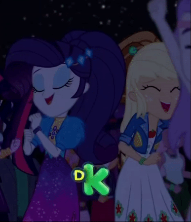 Size: 387x450 | Tagged: safe, screencap, character:applejack, character:ginger owlseye, character:rarity, character:twilight sparkle, character:twilight sparkle (scitwi), species:eqg human, equestria girls:sunset's backstage pass, g4, my little pony:equestria girls, animated, background human, clothing, cropped, dancing, discovery kids, dress, eyes closed, female, gif, hat, jacket, laughing, male, night, offscreen character, outdoors, raspberry lilac, smiling, snow flower, stars, track starr