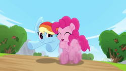 Size: 1920x1080 | Tagged: safe, screencap, character:pinkie pie, character:rainbow dash, species:earth pony, species:pegasus, species:pony, friendship is magic: rainbow roadtrip, g4, my little pony: friendship is magic, cute, diapinkes, eyes closed, running