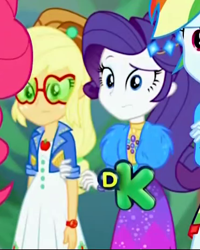 Size: 371x464 | Tagged: safe, screencap, character:applejack, character:pinkie pie, character:rainbow dash, character:rarity, equestria girls:sunset's backstage pass, g4, my little pony:equestria girls, clothing, cropped, discovery kids, dress, geode of shielding, geode of super strength, hand on arm, hat, jacket, magical geodes, raised eyebrow, sunglasses