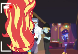 Size: 1041x720 | Tagged: safe, screencap, character:sunset shimmer, episode:how to backstage, g4, my little pony:equestria girls, background human, camera shot, clothing, cropped, female, male, rolling stone (character), space camp (character)
